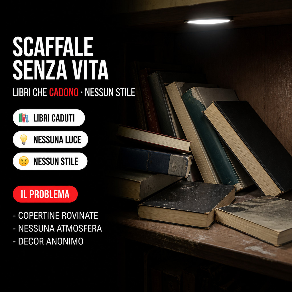Scaffali vuoti e libri che cadono